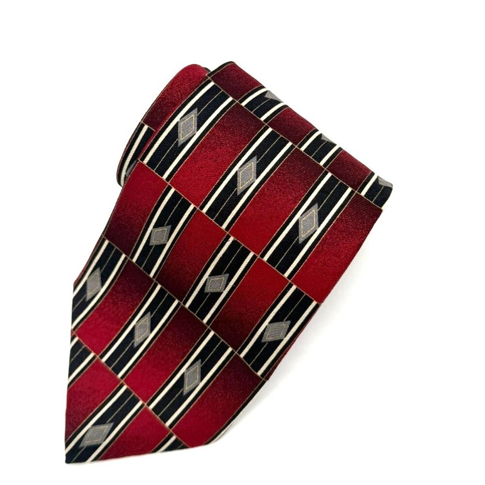Parisian Signature Silk Tie Red Black Geometric Diamond Pattern Made in USA